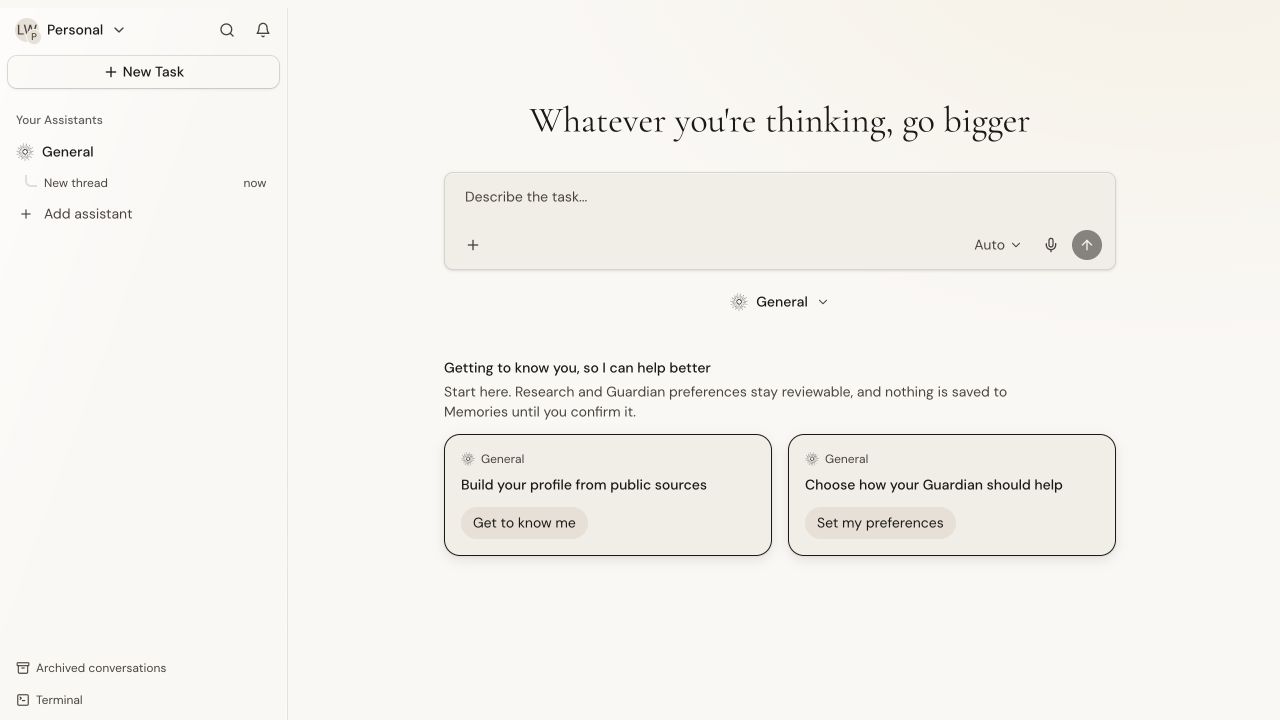 Lucid Work interface for starting a task and choosing Guardian preferences